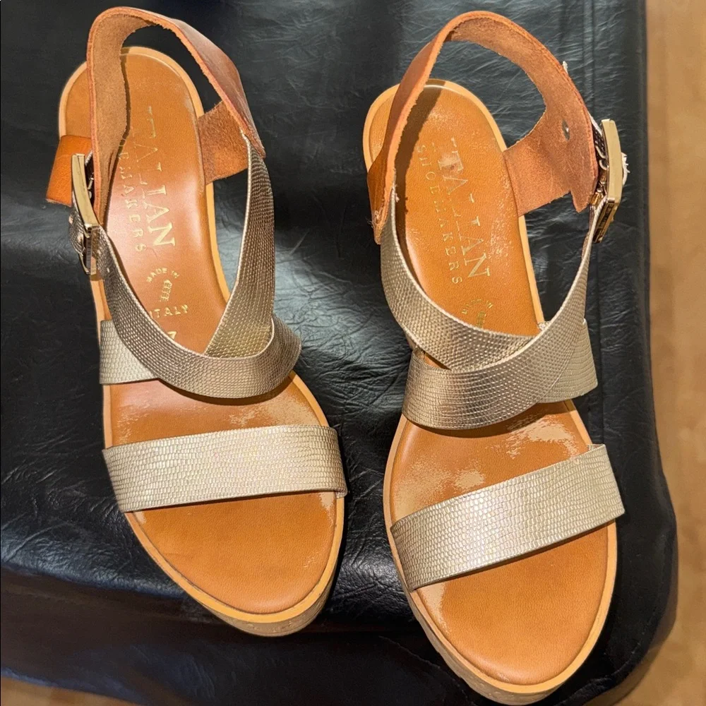 Italian Shoemakers Metallic Gold and Tan Wedge Sandals